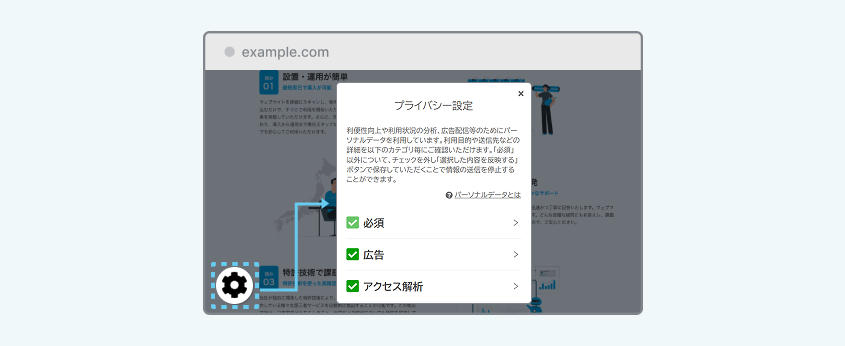 webtruのオプトアウト措置のUI例。必須・広告・アクセス解析の3カテゴリをチェックボックスで個別にオプトアウトできるプライバシー設定画面
